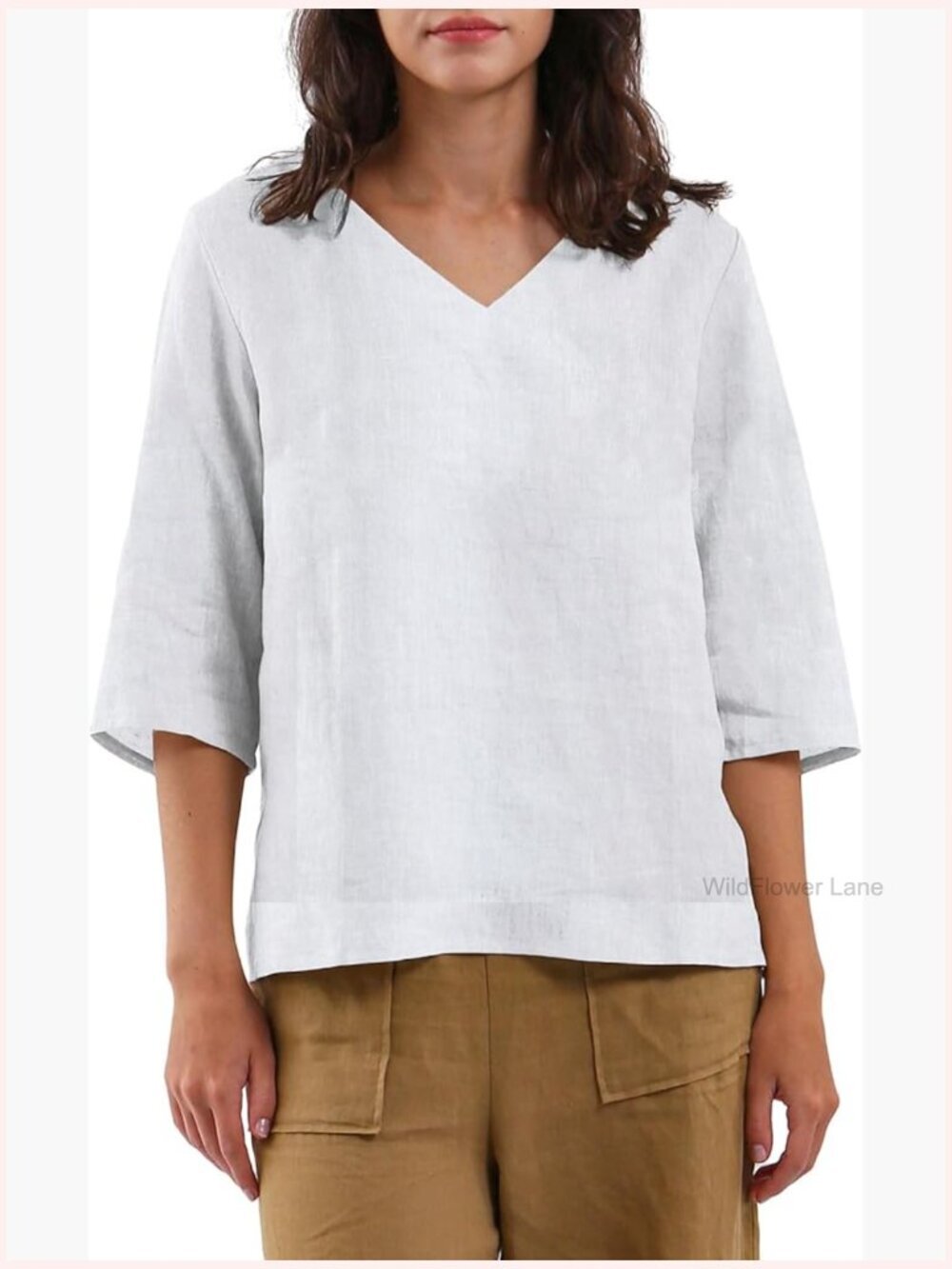 100% Linen 3/4 Sleeve V-Neck Blouse Summer Casual Loose Fit Top